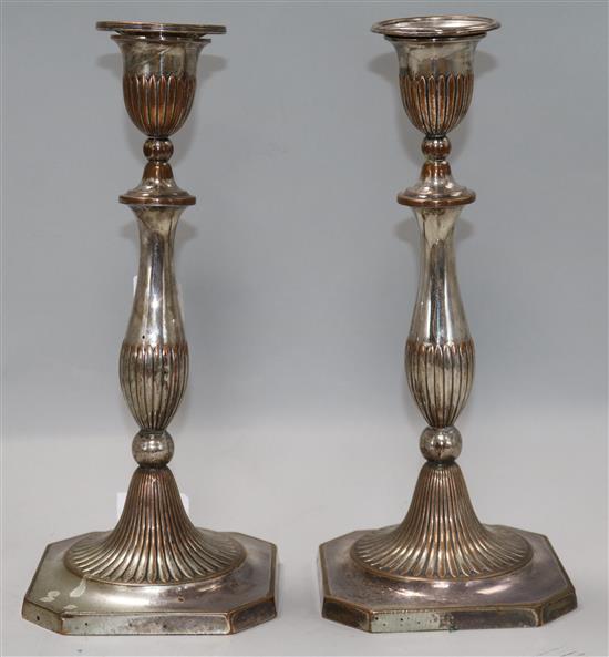 A pair of Adam design Sheffield plated candlesticks	, H.29.5cm